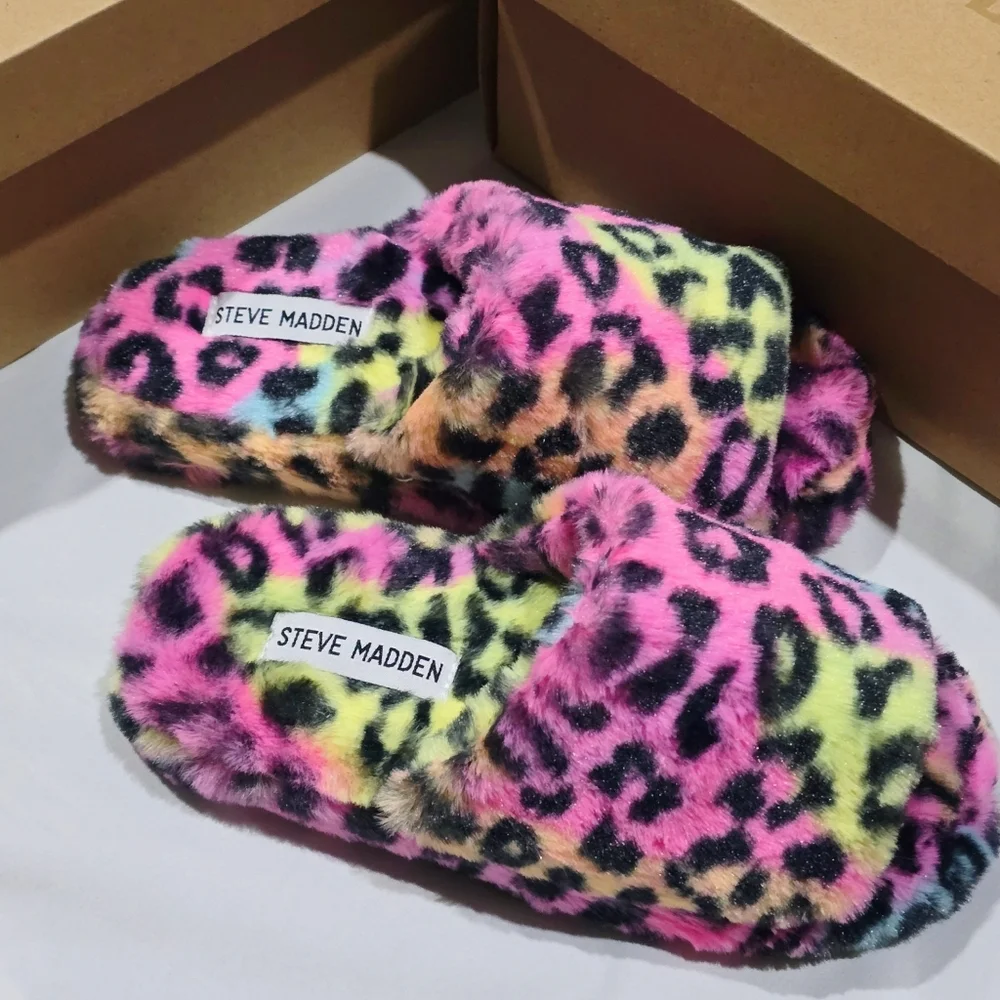 Steve Madden ✦ Frillz Slippers ✦ Faux Fur Animal Print Open Toe Grip Sole M NWT